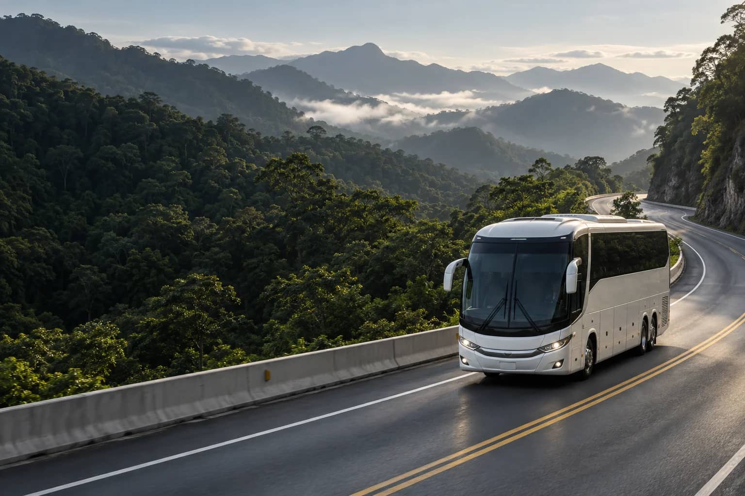 Ônibus rodoviário branco em uma estrada entre montanhas verdes. Imagem gerada por IA.