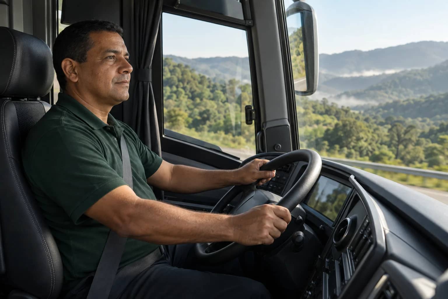 Motorista atento na cabine de ônibus rodoviário, com cinto de segurança. Imagem gerada por IA.