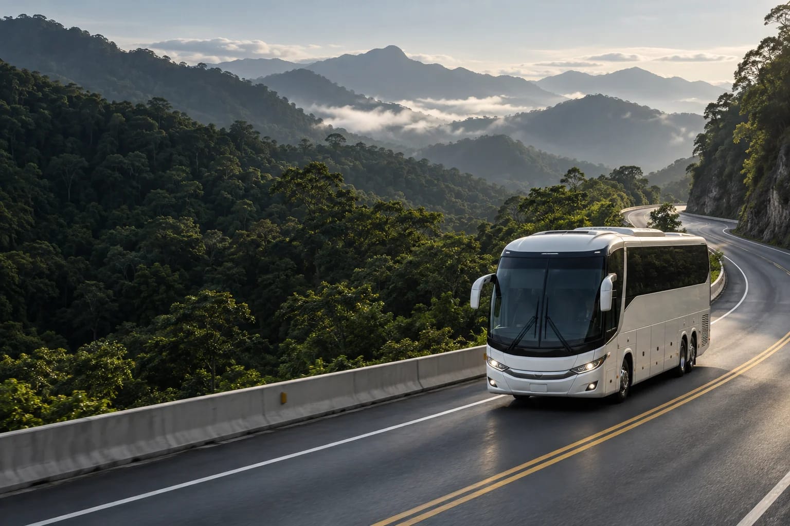 Ônibus rodoviário branco em uma estrada entre montanhas verdes. Imagem gerada por IA.